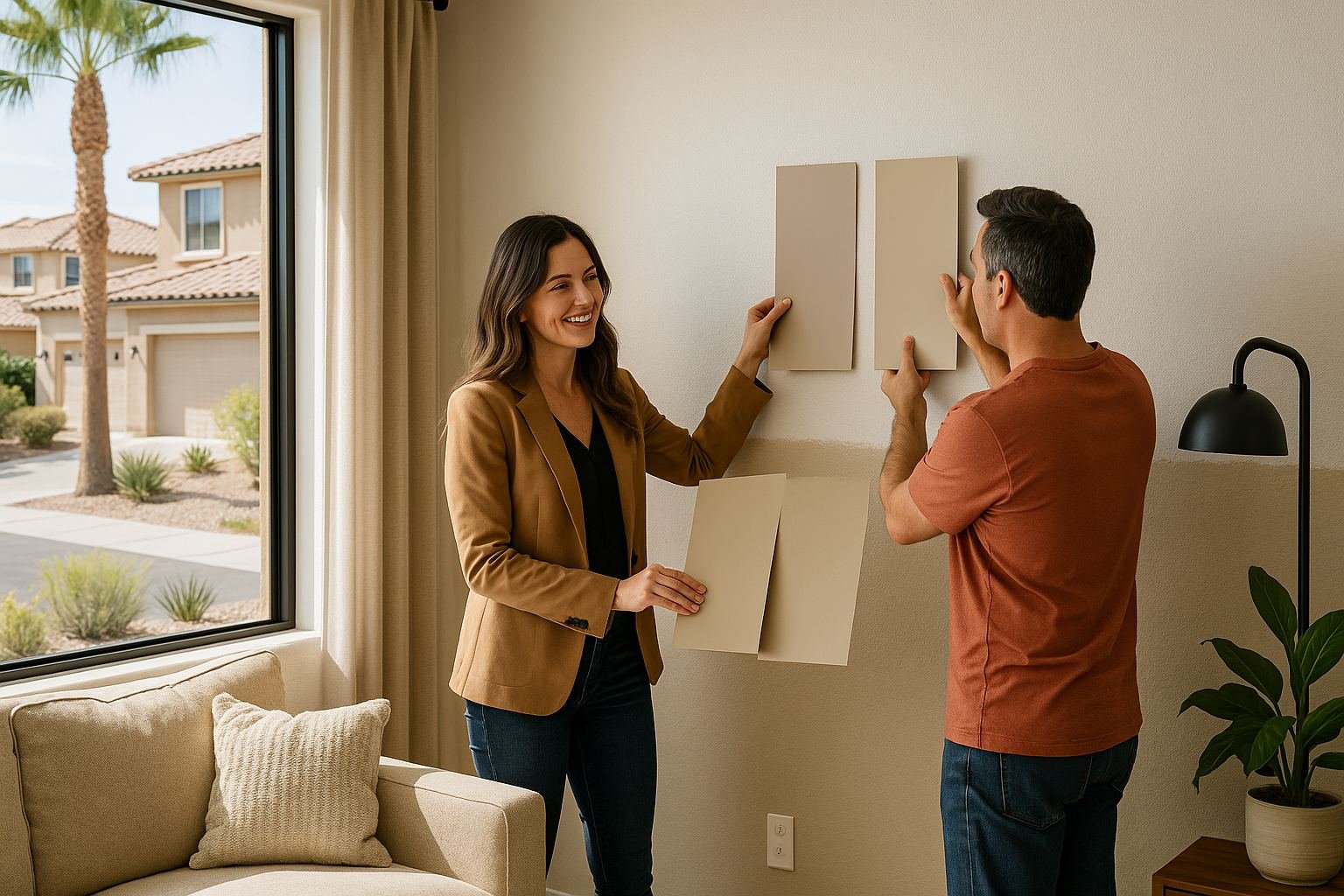 Designer comparing large paint color samples against a living room wall in a Henderson, NV home